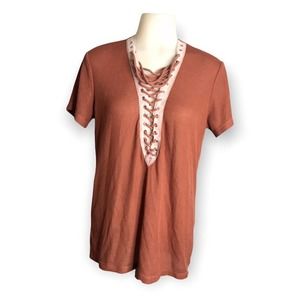 Forever 21 | Pink Plunge Lace Up Chest T-shirt •